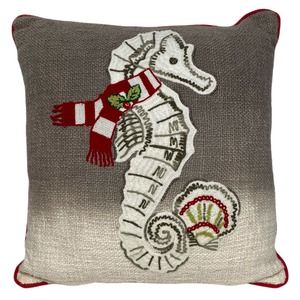 Seahorse Coastal Christmas Throw Pillow 14”